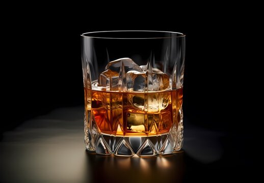 Whiskey on the rocks with ice cubes on a black background