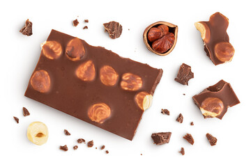 Chocolate with hazelnuts isolated on white background with full depth of field. Top view. Flat lay
