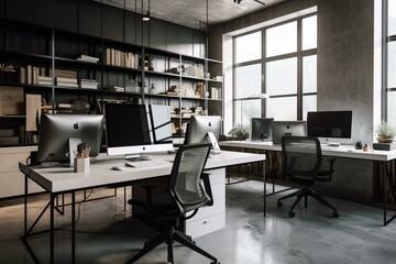 Bright workspace with shared desk and meeting area, storage and computer. Generative AI