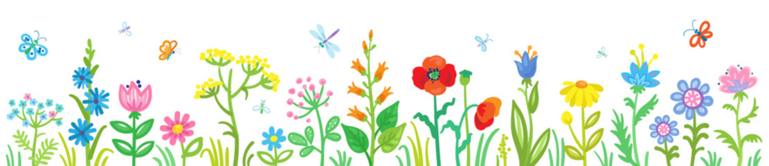 Children's drawing. Collection of beautiful flowers and butterflies. Banner in cartoon style. Isolated on white background. Vector illustration