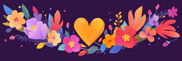 Colorful banner of heart with floral arrangements, Mother's day greeting card, banner, advertisement, illustration, generative AI