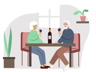 Couple on meeting. Elderly people on restaurant drinking wine. Happy husband and wife, old man woman spend time together. Grandparents celebrates anniversary or birthday vector illustration