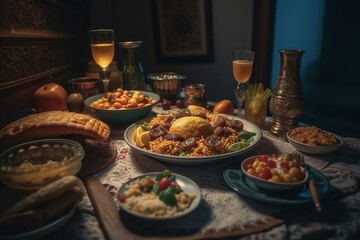 Breaking fast meal during Ramadan evening known as ifthar. Generative AI