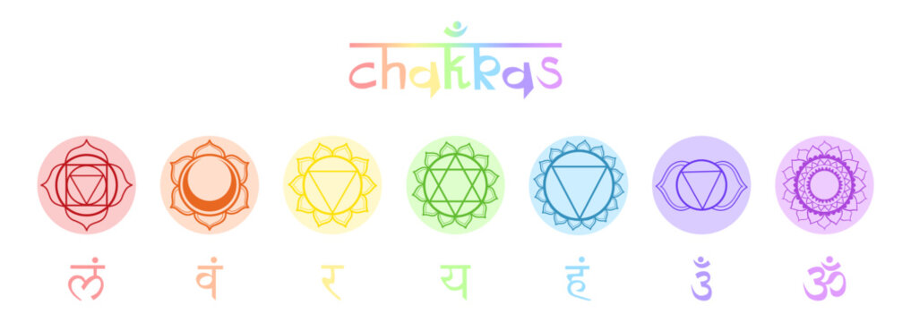 Set of seven colorful chakra circles with sanskrit symbols. Round icons in pastel color for yoga and meditation practice.