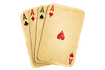 Four old dirty aces poker cards on a white background