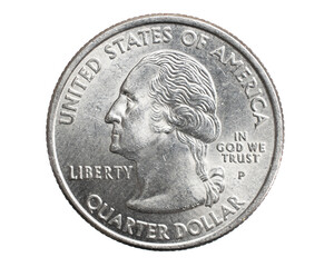 A quarter dollar coin on a white isolated background - obrazy, fototapety, plakaty