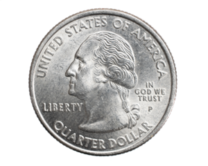 A quarter dollar coin on a white isolated background