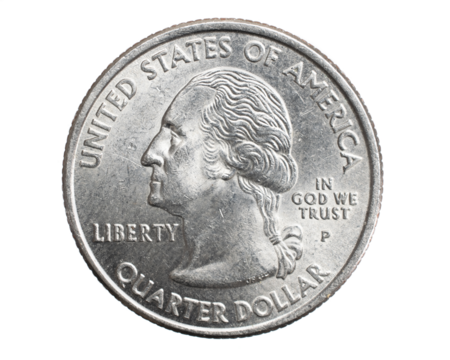 A quarter dollar coin on a white isolated background