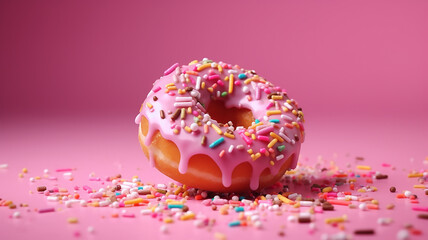 Sprinkled with a pink donut. Frosted sprinkled donut on a pink background, generative AI tools 

 