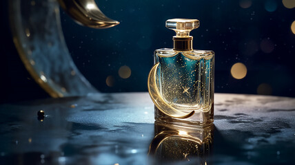 A bottle of premium luxery perfume stands on  surface, which moon and stars, generative AI tools  - obrazy, fototapety, plakaty