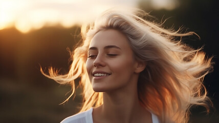 Attractive happy young woman flying hair enjoying her free time at sunset outdoors. Beauty blonde girl portrait in summer, generative AI tools 