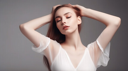 Naklejka premium generative AI tools, Armpit epilation, lacer hair removal. Young woman showing clean underarms 