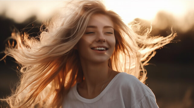 Attractive happy young woman flying hair enjoying her free time at sunset outdoors. Beauty blonde girl portrait in summer, generative AI tools 