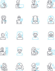Sadness expressions linear icons set. anguish, despair, sorrow, grief, melancholy, heartache, misery line vector and concept signs. agony,sadness,woe outline illustrations
