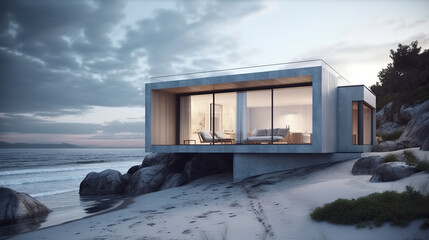 Small luxury modern beach house. Beach house. generative ai. Modern scandinavian architecture. Minimalistic villa by the sea. Generative ai