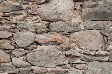 A wall of irregularly laid stones with mortar and cement, perfect background