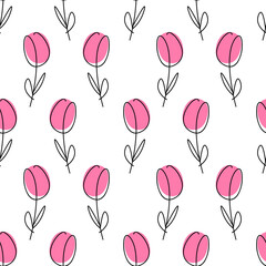 Simple one line style flowers. Modern seamless pattern.
