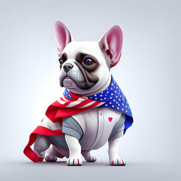 Portrait of French bulldog puppy wearing a scarf with American flag. Generative AI