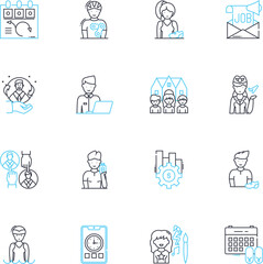 Employment linear icons set. Occupation, Job, Career, Workforce, Hiring, Recruitment, Employee line vector and concept signs. Employer,Labor,Income outline illustrations