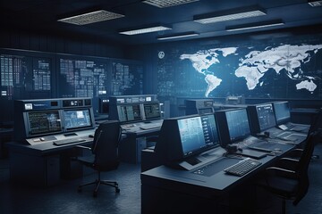 Empty interior of big modern security system control room, computer room with monitors in dark. Generative AI
