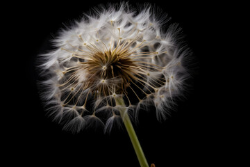 Dandelion on dark background, macro, generative AI content, dreamy artistic image of nature's beauty.