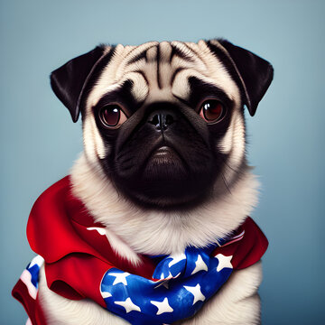 Portrait of pug puppy wearing a scarf with American flag. Generative AI