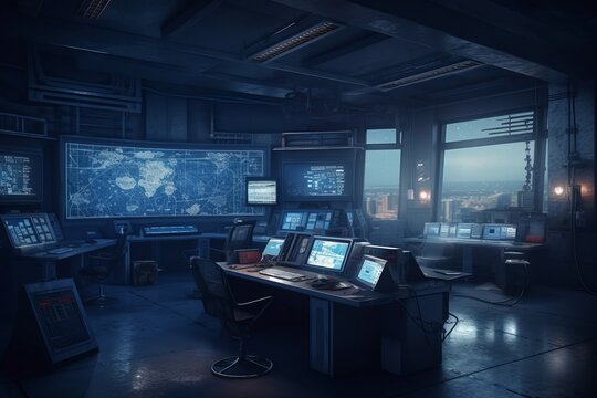 Empty Interior Of Big Modern Security System Control Room, Computer Room With Monitors In Dark. Generative AI
