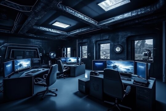 Empty Interior Of Big Modern Security System Control Room, Computer Room With Monitors In Dark. Generative AI
