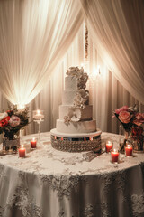 A beautiful white cake in a restaurant decorated with flowers and candles. A wedding high cake on a table in a restaurant is being prepared for cutting by the newlyweds. Dessert in the form of a cake