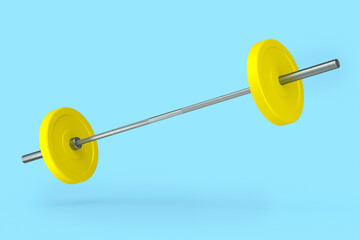 Abstract metal barbell with yellow disks isolated on blue background