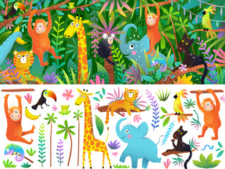 Cute zoo animals in African exotic jungle clip art cartoon for kids. Vibrant and playful illustrations of African Rainforest and baby animals. Isolated vector clipart graphics collection for children.