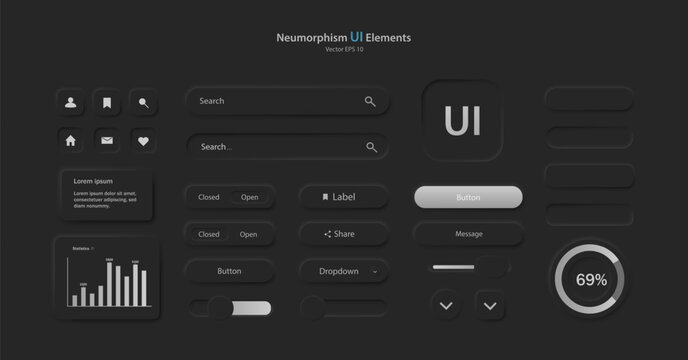 A set of user interface elements for a mobile application. A collection of icons for user interface development in black and gray. Buttons for mobile devices in the style of neumorphism, UI, UX