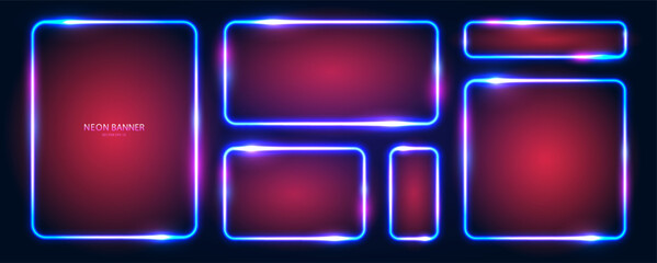 A set of rectangular and square neon frames with rounded edges with radiance effects, highlights on a dark blue background. Futuristic modern neon glowing banners. Vector illustration.