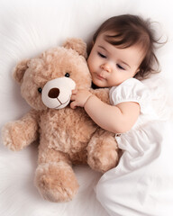 Innocent Joy: Toddler and Plush Bear on White Background