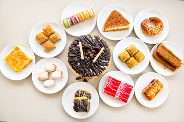 Turkish Dessert Sobiyet Baklava, mussels baklava and classic baklava with Pistachio . Didye, Cevizli, Fistikli Baklava, top view.