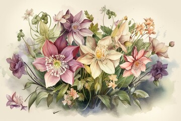 Fototapeta na wymiar Watercolour illustration of aquilegia summer flowers bouquet. Generative AI
