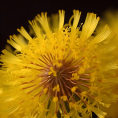 Yellow dandelions in nature in warm summer or spring on meadow in sunlight, macro, generative AI.