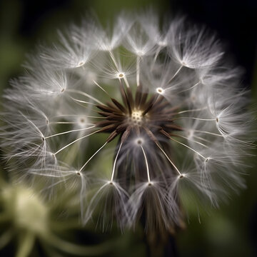 Dandelion on dark background, macro, generative AI content, dreamy artistic image of nature's beauty.