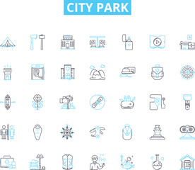 City park linear icons set. Greenery, Playground, Wildlife, Picnic, Trails, Relaxation, Scenery line vector and concept signs. Serene,Jogging,Meditation outline illustrations