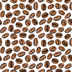 Watercolor seamless pattern coffee beans. Hand-drawn illustration isolated on white background. Perfect food menu, concept for cafe, restaurant element, recipe book, cooking graphics