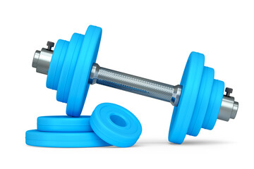 Metal dumbbell with blue disks isolated on white background