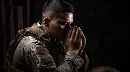 Obraz premium american soldier mourning and praying with the american flag in his hands, Generated AI