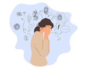 Young famale is surrounded by stream of thoughts, closing face with palms in despair, chaos in head.Mental disorder, finding answers, confusion concept