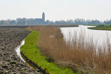 Fototapeta premium View on Deinum in Friesland The Netherlands and church tower of the Sint Janskerk from the 13th century with its typical onion shape in early spring.