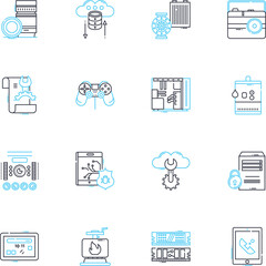 Automated tools linear icons set. Robotics, Machine, Technology, Efficiency, Innovation, Precision, Innovation line vector and concept signs. Streamlining,Workflow,Optimization outline illustrations