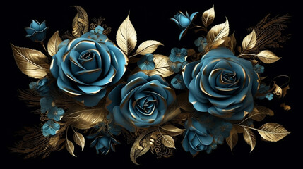 Floral background with gold and blue roses.generative ai