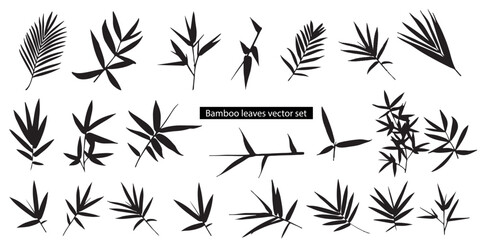Bamboo leaves black silhouette vector set 