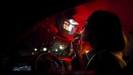 Brunette business woman looking in mirror and putting make up in car at night in neon light colours