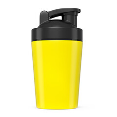 Yellow plastic sport shaker for protein drink isolated on white background.