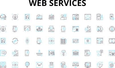 Fototapeta na wymiar Web services linear icons set. Integration, Security, API, Scalability, Microservices, Cloud, XML vector symbols and line concept signs. REST,SOAP,JSON illustration